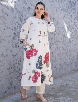 Off white printed cotton kurta trouser set 3