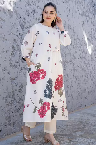 Off white printed cotton kurta trouser set