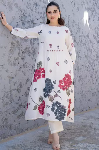 Off white printed cotton kurta trouser set