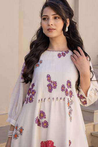Off white printed cotton kurta trouser set