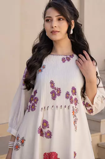Off white printed cotton kurta trouser set