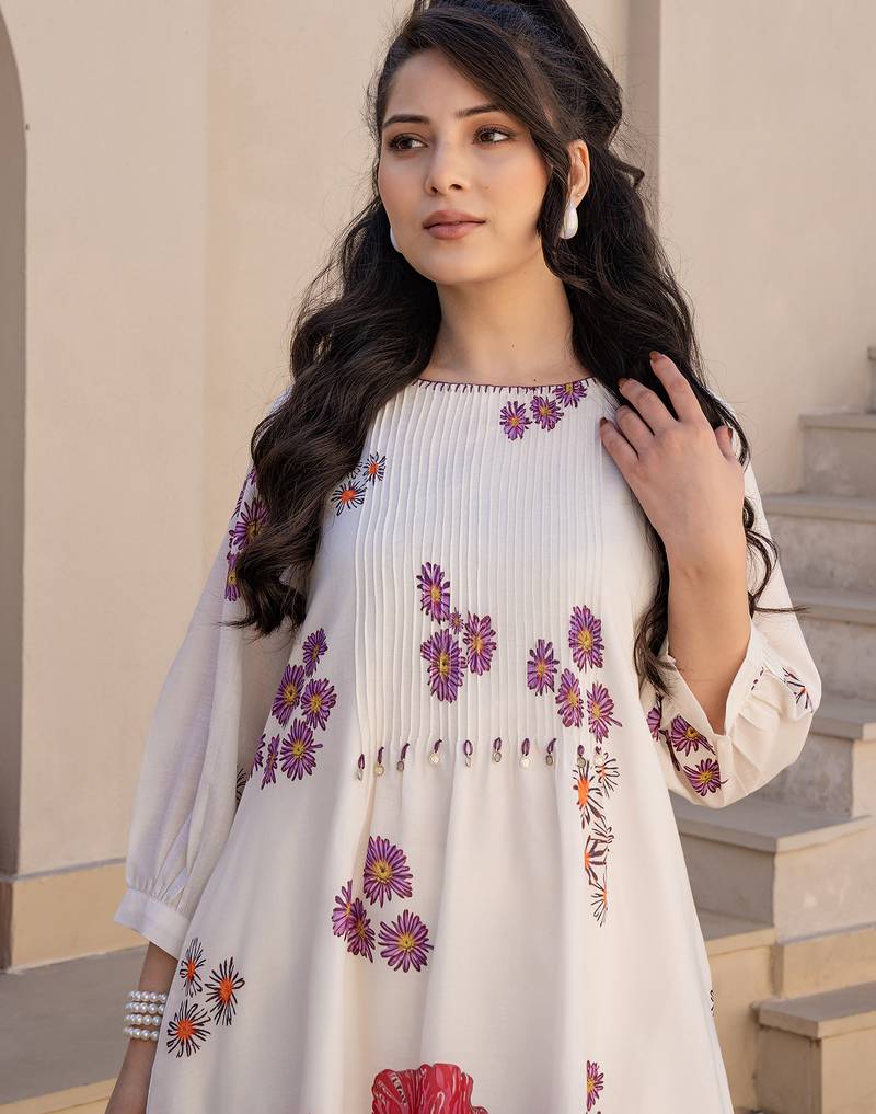 Off white printed cotton kurta trouser set