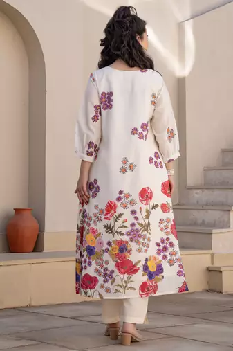 Off white printed cotton kurta trouser set