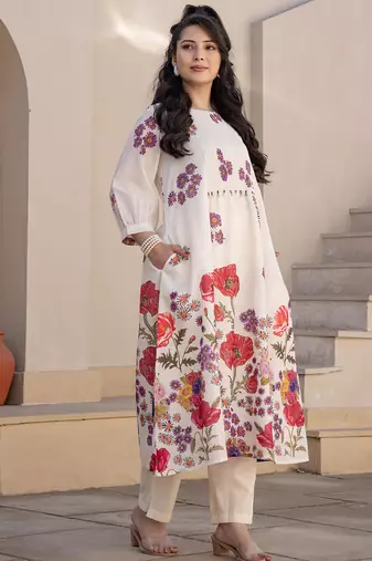 Off white printed cotton kurta trouser set