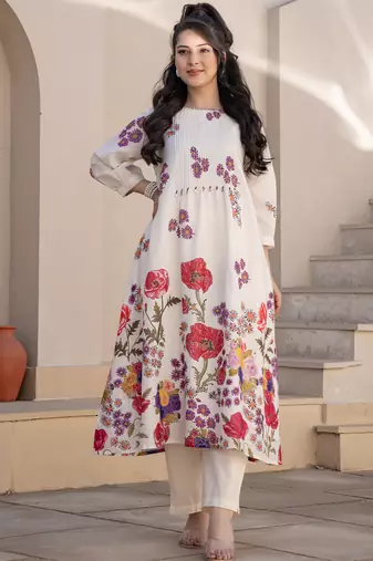 Off white printed cotton kurta trouser set