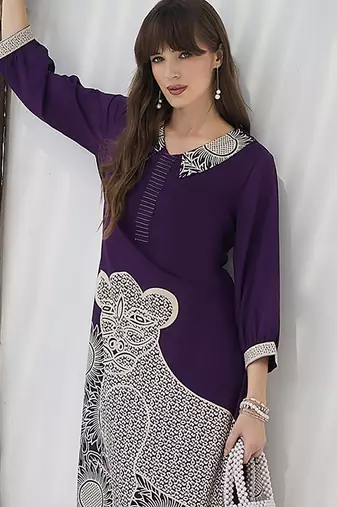 Purple printed viscose rayon kurta trouser set