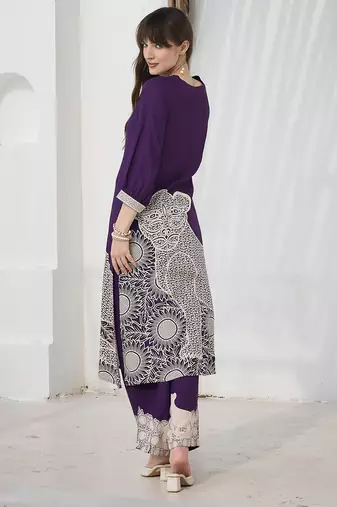 Purple printed viscose rayon kurta trouser set