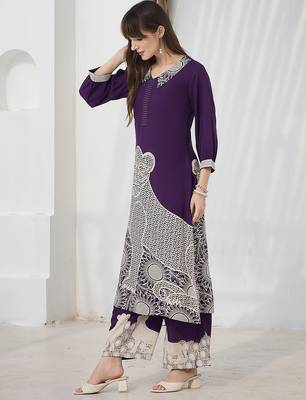 Purple printed viscose rayon kurta trouser set 4