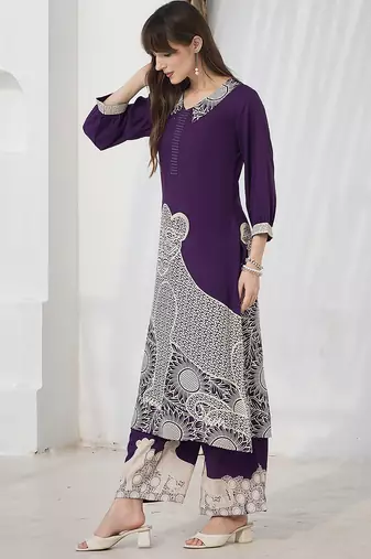 Purple printed viscose rayon kurta trouser set