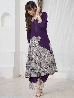 Purple printed viscose rayon kurta trouser set 1
