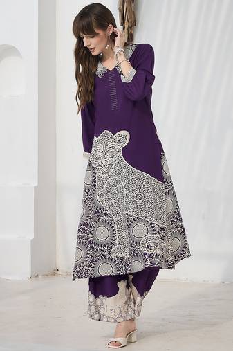 Purple printed viscose rayon kurta trouser set