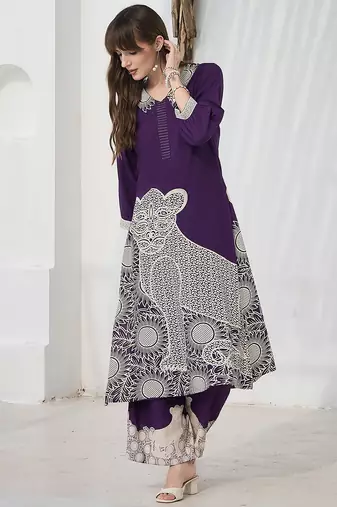 Purple printed viscose rayon kurta trouser set