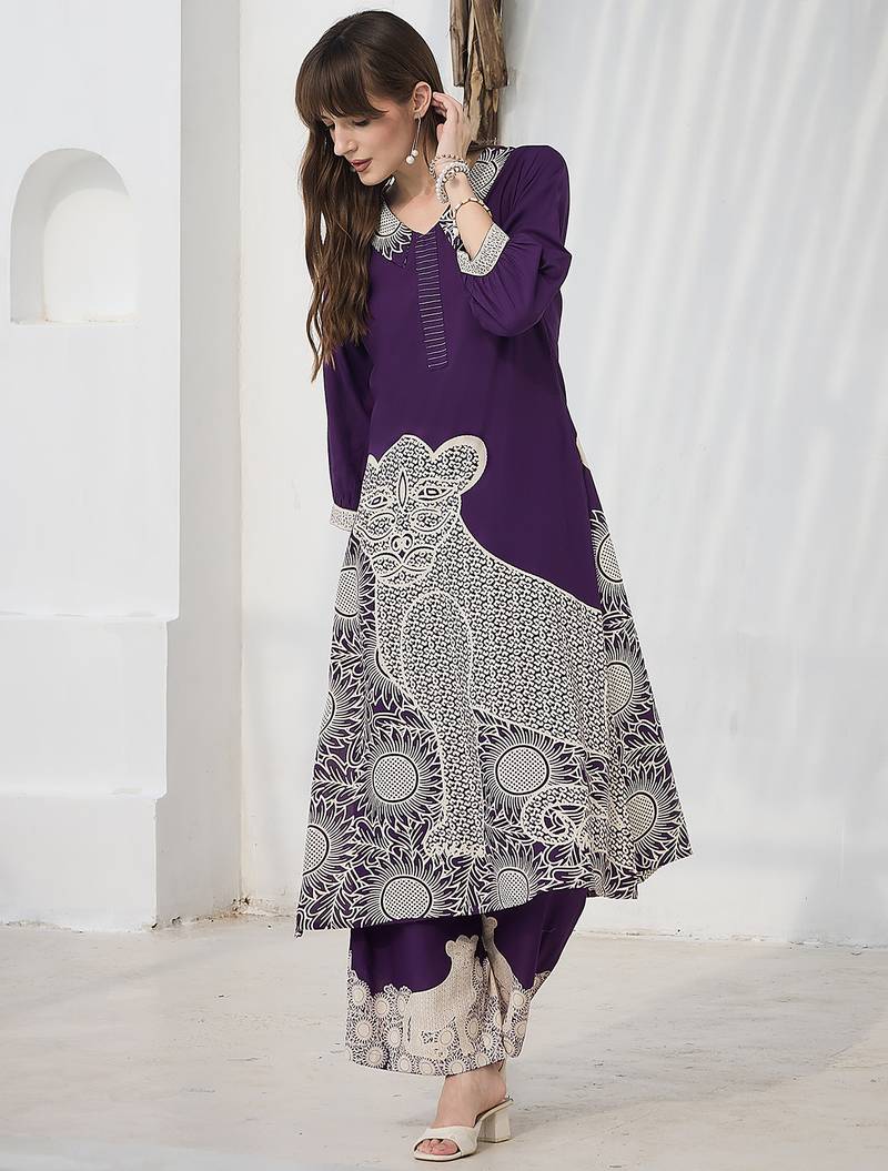 Purple printed viscose rayon kurta trouser set