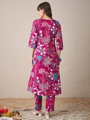 Pink printed cotton kurta trouser set 3