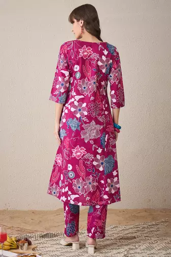 Pink printed cotton kurta trouser set