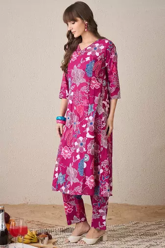 Pink printed cotton kurta trouser set