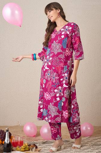 Pink printed cotton kurta trouser set