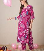 Pink printed cotton kurta trouser set
