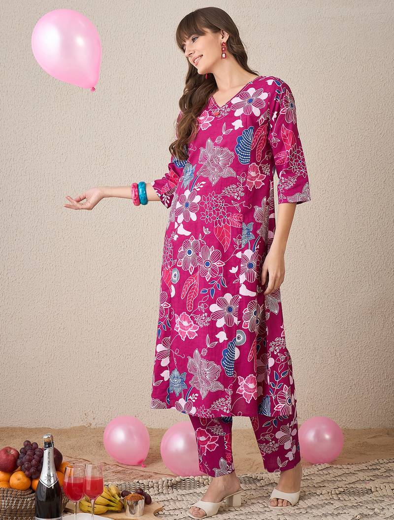 Pink printed cotton kurta trouser set