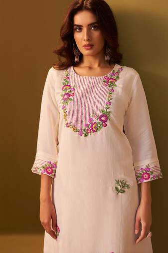 Off white embroidered silk kurta trouser set