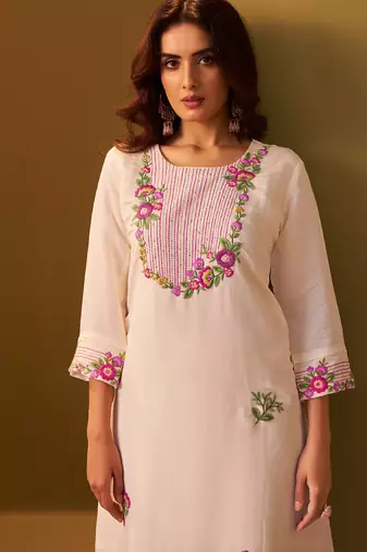 Off white embroidered silk kurta trouser set