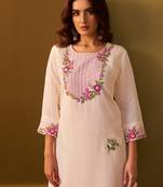 Off white embroidered silk kurta trouser set