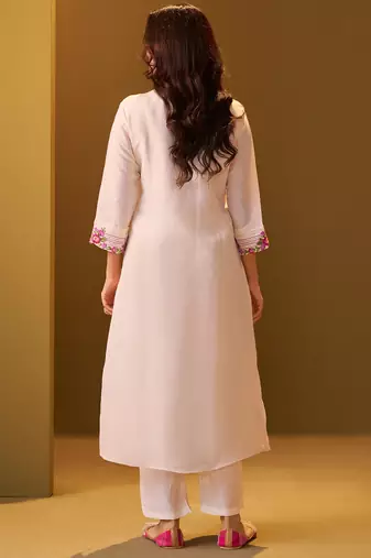 Off white embroidered silk kurta trouser set