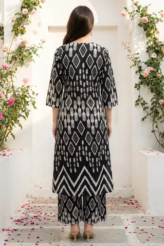 Black printed cotton kurta trouser set