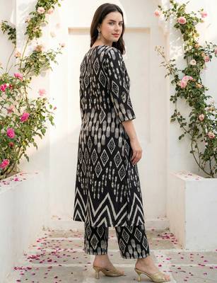 Black printed cotton kurta trouser set 3