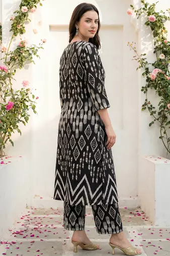 Black printed cotton kurta trouser set