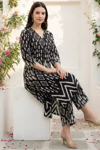Black printed cotton kurta trouser set