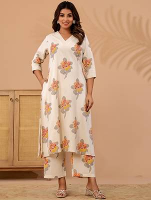 Off white printed cotton kurta trouser set 2