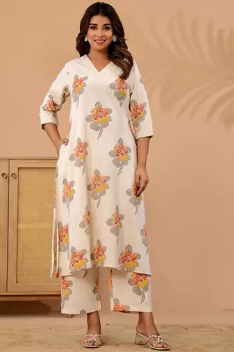 Off white printed cotton kurta trouser set