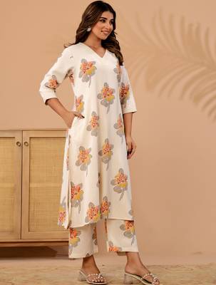 Off white printed cotton kurta trouser set 3