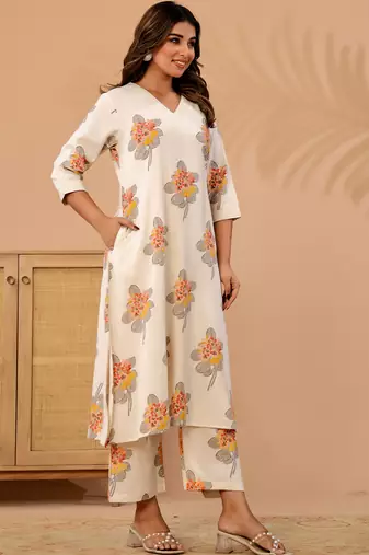 Off white printed cotton kurta trouser set