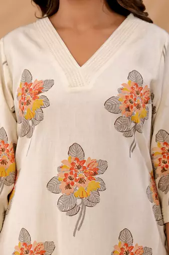 Off white printed cotton kurta trouser set