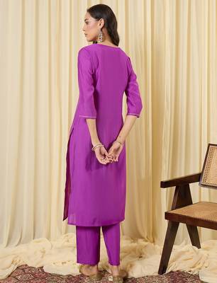 Purple embroidered silk kurta trouser set 2