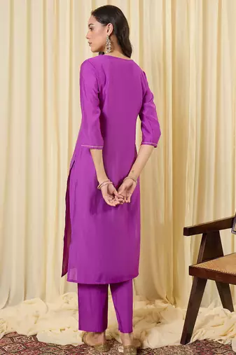 Purple embroidered silk kurta trouser set