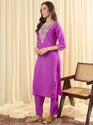 Purple embroidered silk kurta trouser set 3