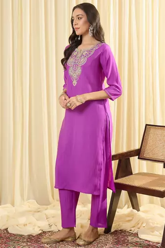 Purple embroidered silk kurta trouser set