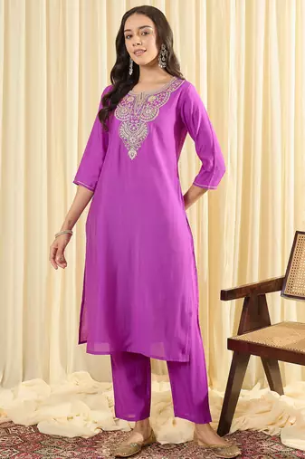 Purple embroidered silk kurta trouser set
