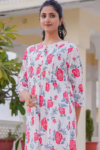White printed cotton kurta trouser set