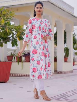 White printed cotton kurta trouser set 4