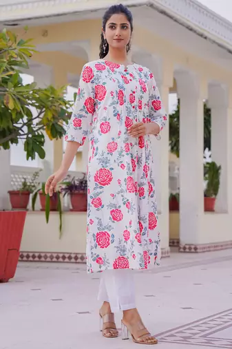 White printed cotton kurta trouser set