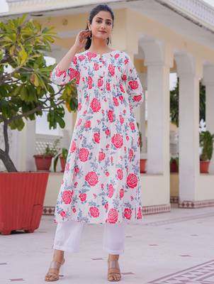 White printed cotton kurta trouser set 1