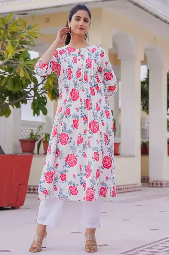 White printed cotton kurta trouser set