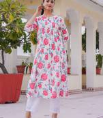 White printed cotton kurta trouser set