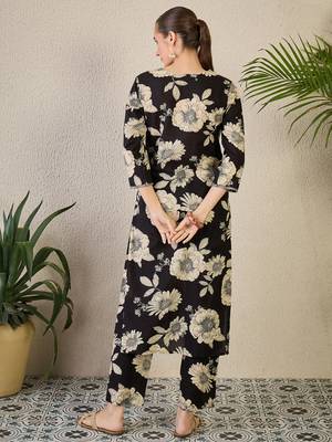 Black printed cotton kurta trouser set 2