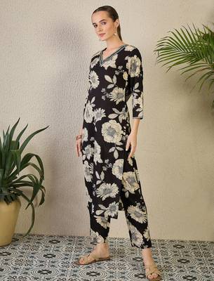 Black printed cotton kurta trouser set 3