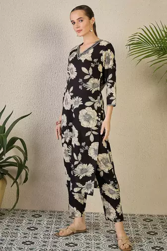 Black printed cotton kurta trouser set